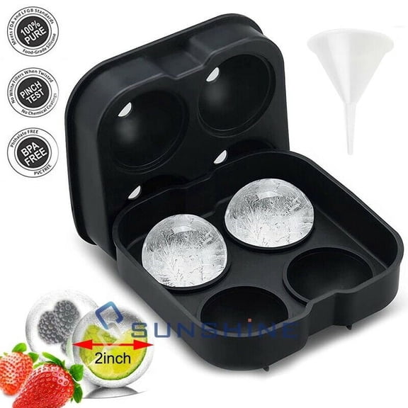 2" Round Ice Cube Ball Maker Tray Silicone Sphere Mold Whiskey Cocktails+Funnel
