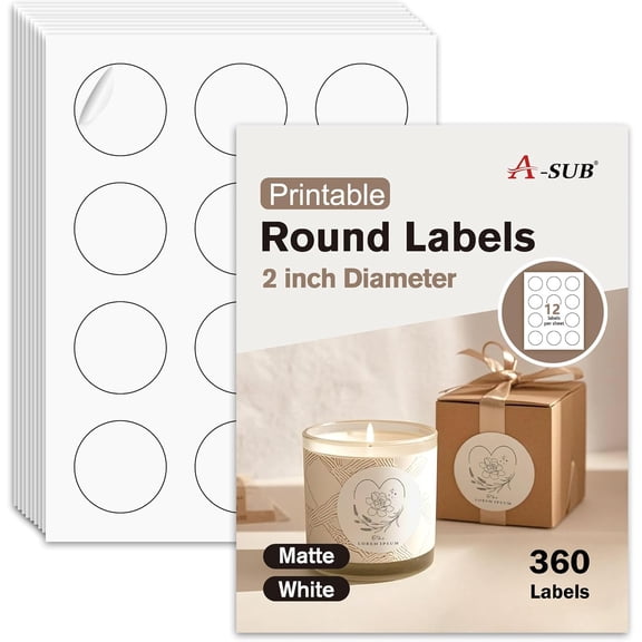 2" Round Label Stickers for Inkjet or Laser Printer, Matte White, 360 Printable Circle Stickers for Custom Logo, Thank You Labels