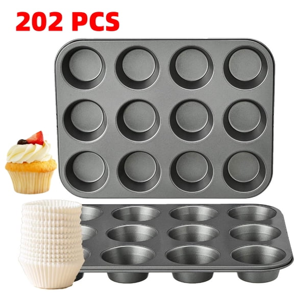 2 Round Muffin Baking Pan 12 Cups, With 200 White Cupcake Liners, Durable Non-Stick Muffin Mold Tray