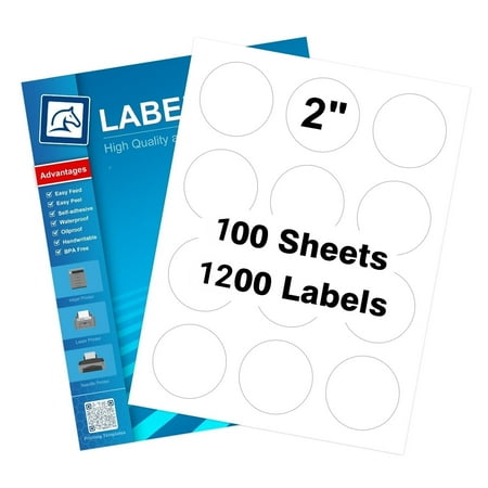 2" Round Sticker Labels for Laser/Ink Jet Printers, White Printable Sheets, Circle Stickers, 100 Sheets | 1200 Labels (HB-C012)