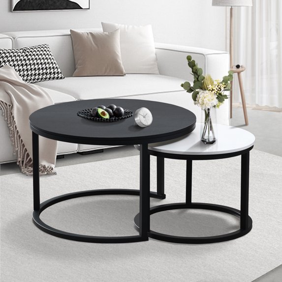 2 Round Tea Table Coffee Table Desk Sets | Black & White - Twin Sets Multi Function Wood & Steel Living Room Home Decor Polished Surface Overlapping Ending Tables Cocktail Table