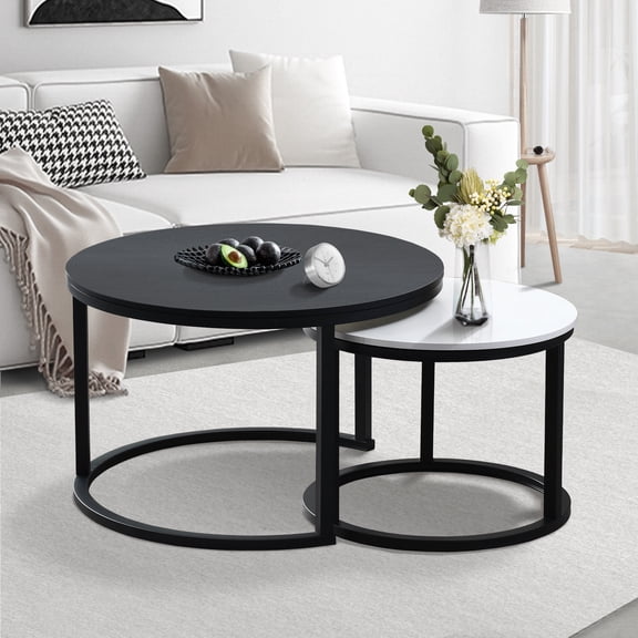 2 Round Tea Table Coffee Table Desk Sets | Black & White - Twin Sets Multi Function Wood & Steel Living Room Home Decor Polished Surface Overlapping Ending Tables Cocktail Table