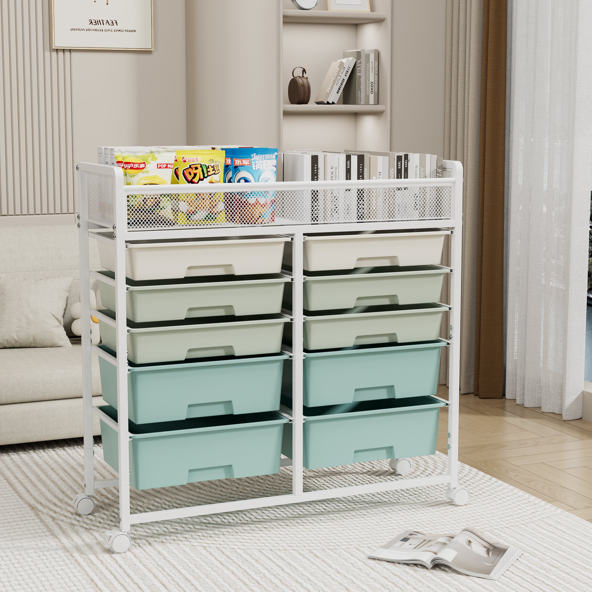 2-Row 10-Drawer Rolling Storage Cart, Metal Mesh Top Utility Organizer with Lockable 360° Wheels, PP Plastic Drawers for Kitchen Bathroom Bedroom Office