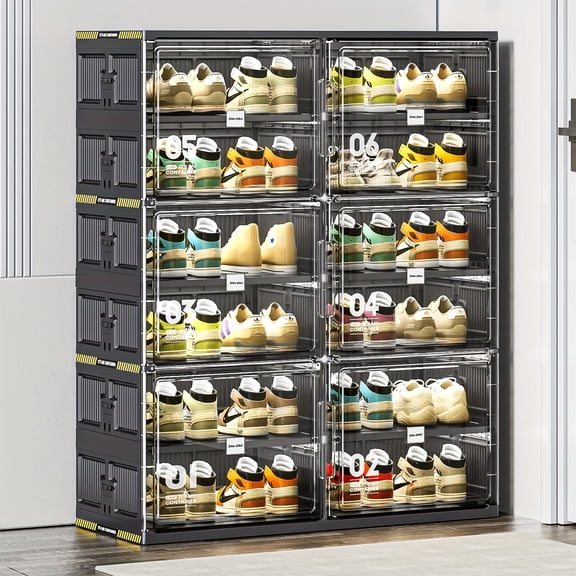 2-Row 12-Grid Hard Plastic Shoe Storage Cabinet, Holds 24 Pairs, Stackable Collapsible Organizer with Doors for Entryway or Closet, Black