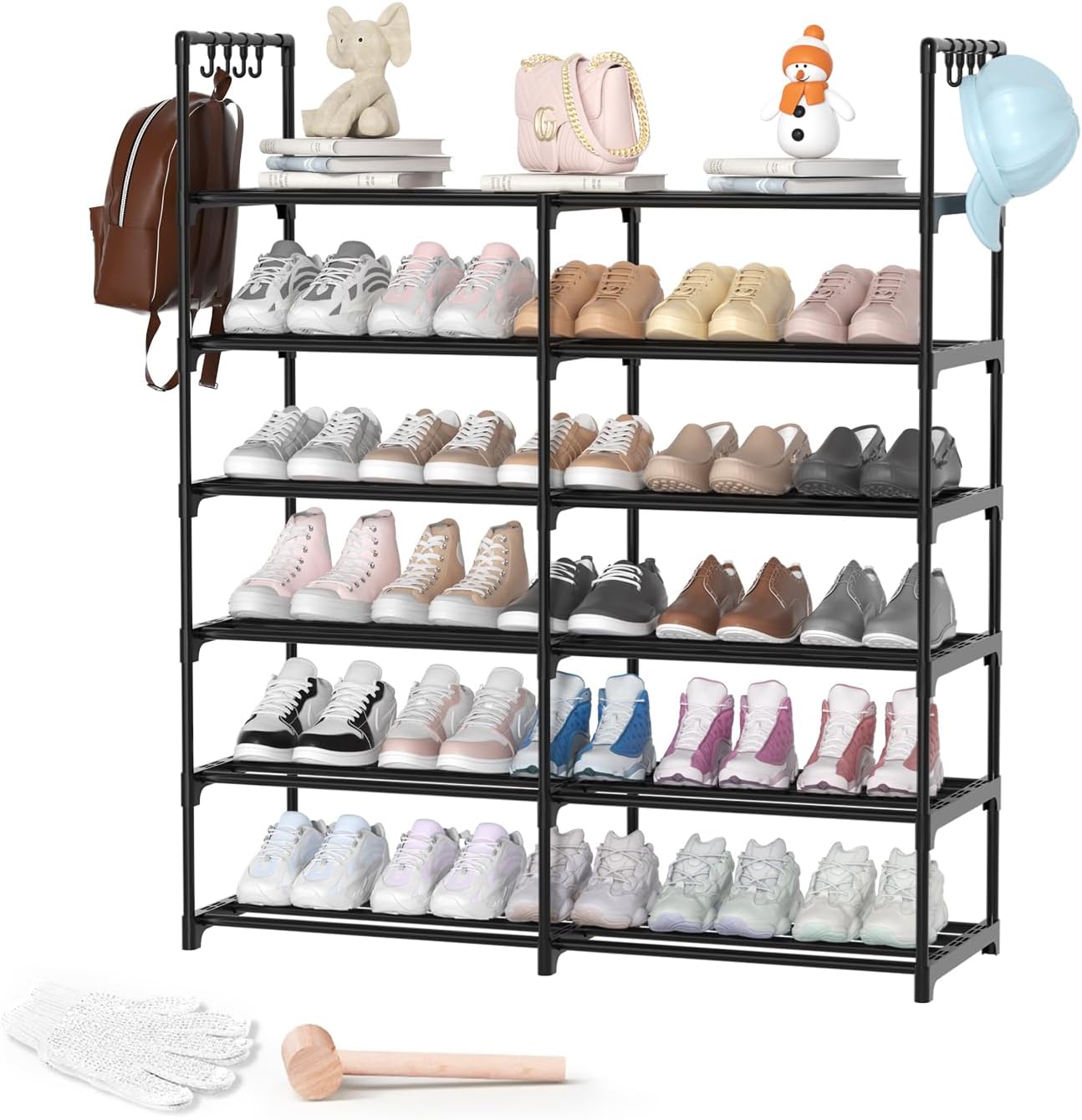 2-Row 6-Tier Stackable Shoe Rack, Black Shoe Shelf with Multifunctional ...