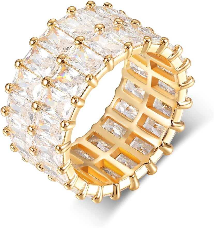 2 Rows Baguette Ring Eternity Bands Emerald Cut Cubic Zirconia Ring ...