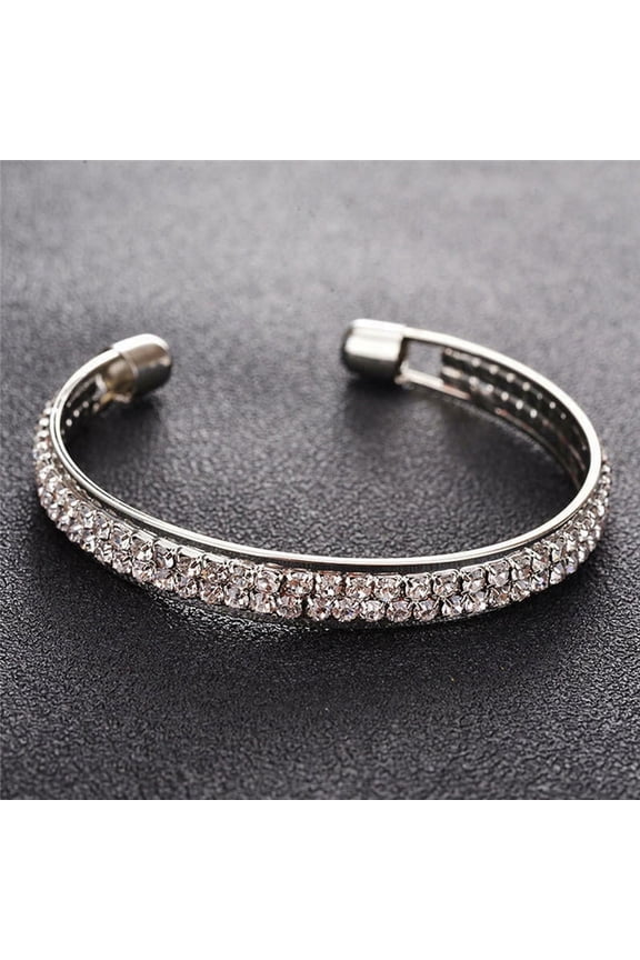 2 Rows Opening Bracelets Women Crystal Rhinestone Bangle Wristband Cuff Open Silver platted