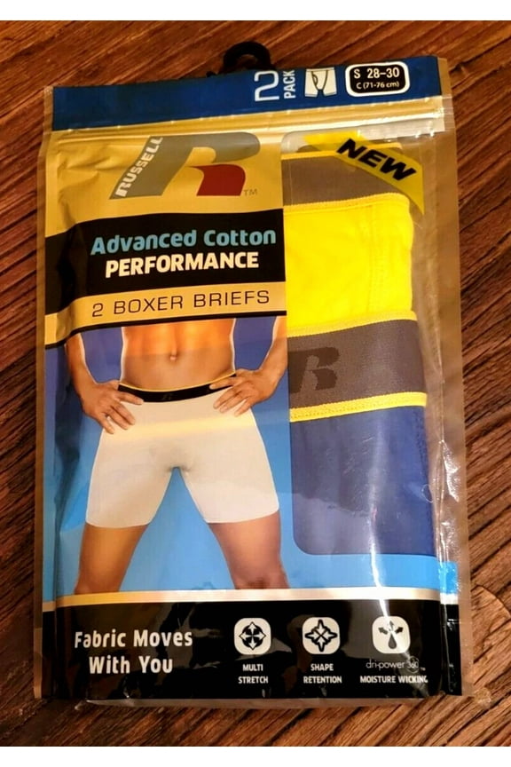 2 Russell Advanced Cotton Performance Men Boxer Briefs Small Dri-Power W Spandex