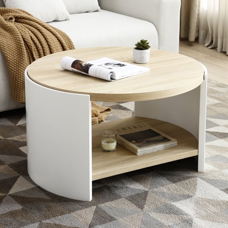 2 Rustic Coffee Table For Living Room - 31" Round Wood With Storage Modern Home Desktop Style Furnishing
