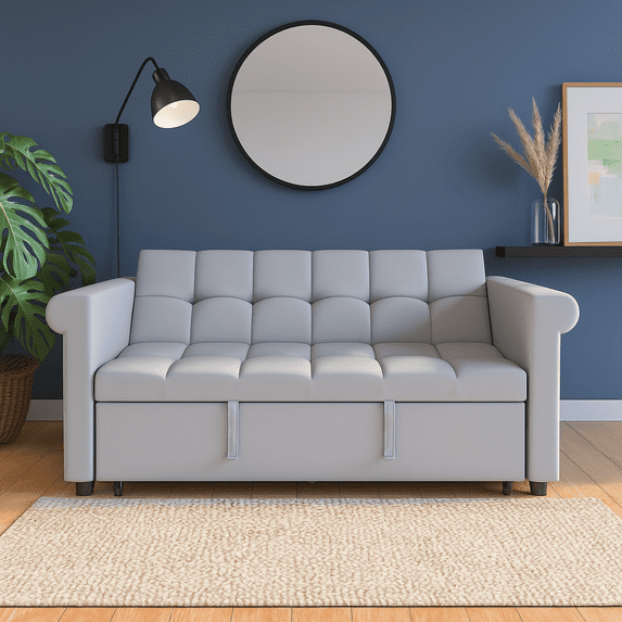2-SEATER CONVERTIBLE VELVET LOVESEAT SOFA BED – GRAY PULL-OUT SLEEPER COUCH WITH SIDE POCKET, COMPACT DESIGN FOR SMALL SPACES, APARTMENT, GUEST ROOM
