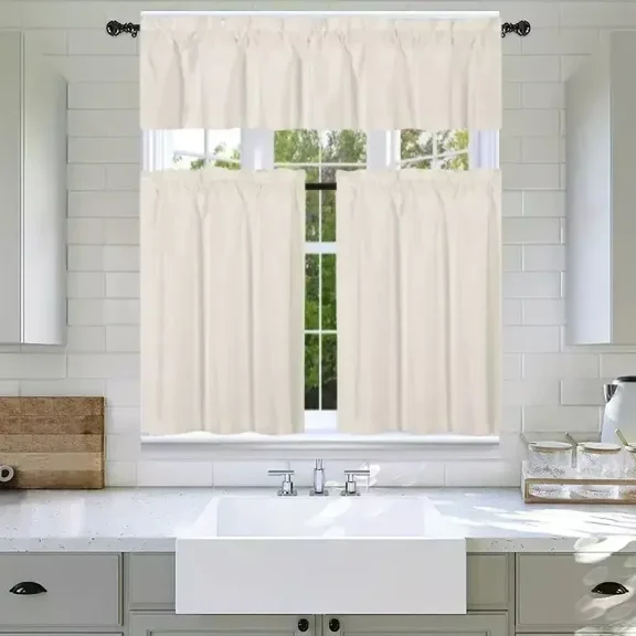 2 SETS 3PC IVORY Faux Silk Kitchen Blackout Curtain Set Includes Valance (60"x14") & Two Tiers (30"x24") Elegant Light-Blocking Solid GHL4
