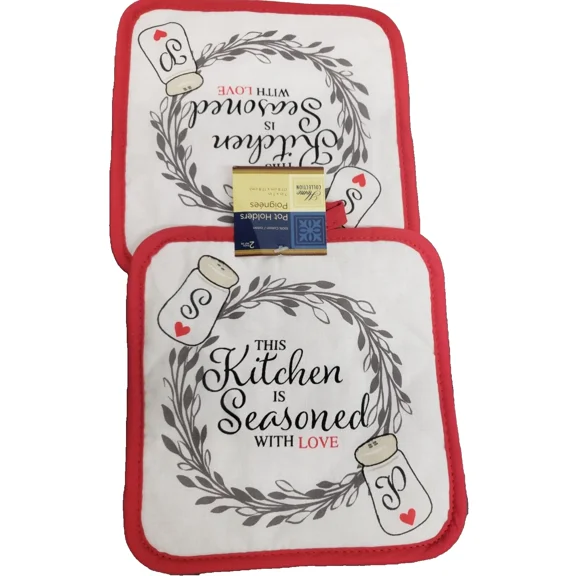 2 Same Printed Kitchen Pot Holders (7"X7") Kitchen Is Seasoned With Love,Red,Gr
