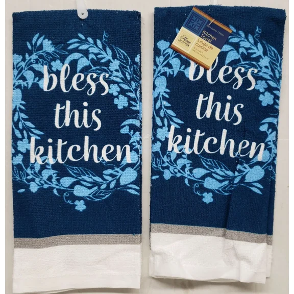 2 Same Printed Kitchen Towels (15" X 25") Bless This Kitchen On Blue, Gr