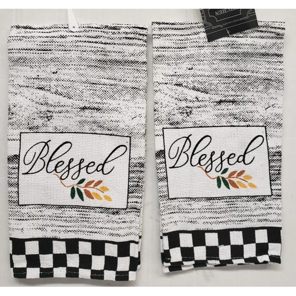 2 Same Thin Cotton Tea Kitchen Towels (15"X25") Blessed & Leaves In Rectangle,Hc