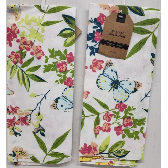 2 Same Thin Printed Tea Kitchen Towels (15"X25") Butterflies & Flowers, Mabelle