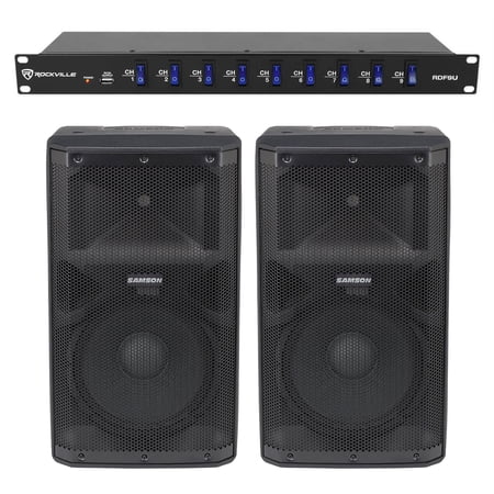 2) Samson RS112A 12" 400 Watt Powered DJ PA Speakers w/Bluetooth/USB+Power Strip