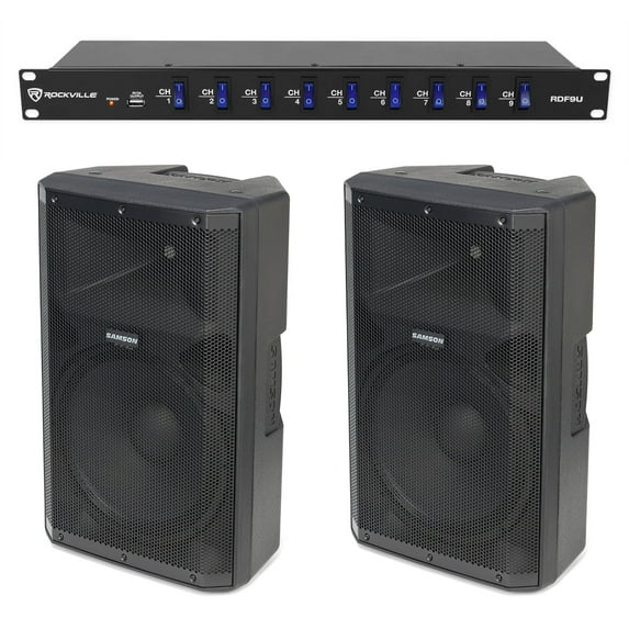 2) Samson RS115A 15" 400 Watt Powered DJ PA Speakers w/Bluetooth/USB+Power Strip