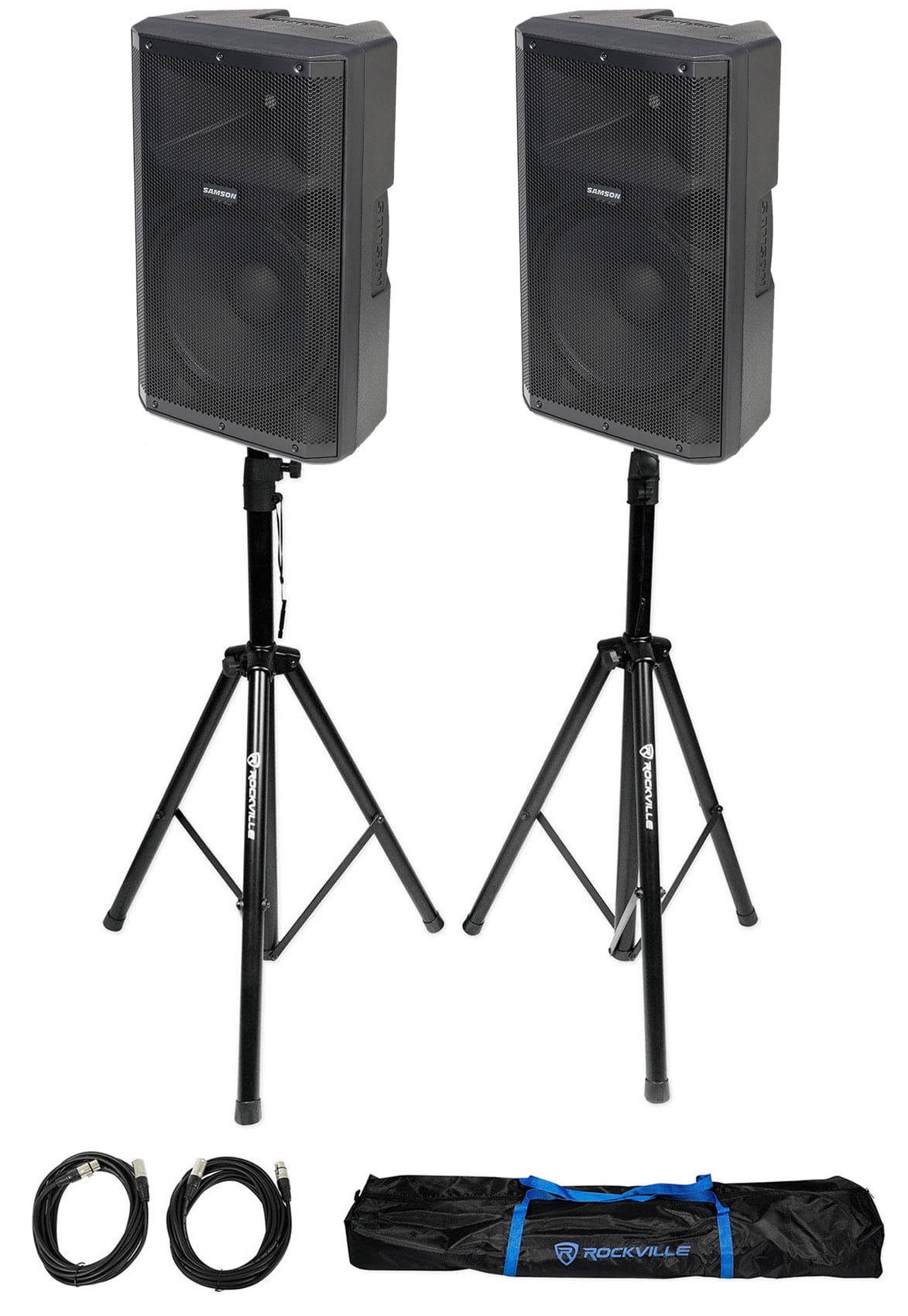 (2) Samson RS115A 15" 400w Powered DJ PA Speakers w/Bluetooth/USB+Stands+Cables
