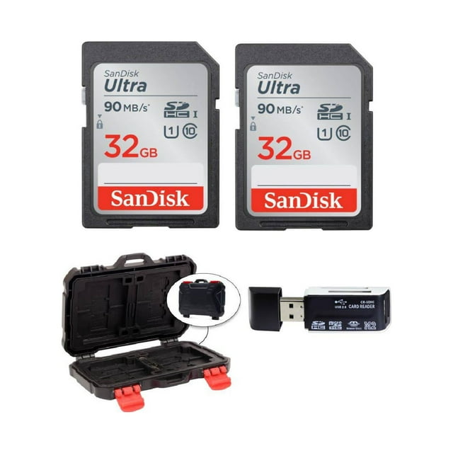2 SanDisk 32GB Ultra SDHC UHSI Memory Cards + Case + Card Reader
