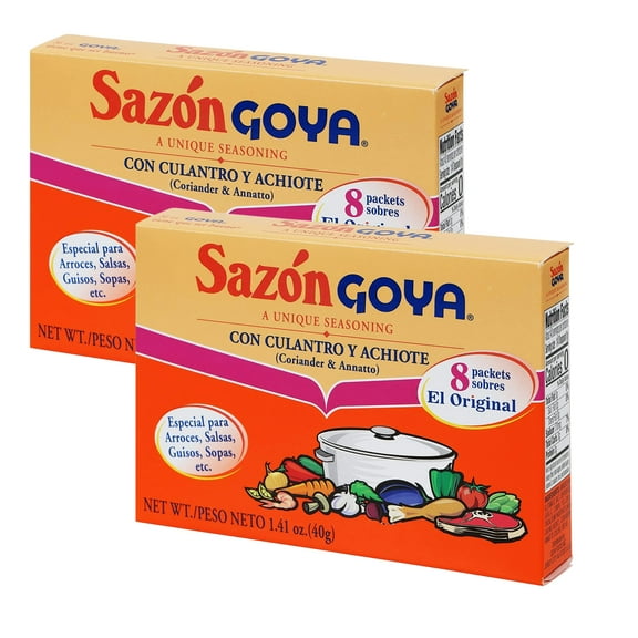 (2) Sazon Goya Unique Seasoning with Coriander & Annatto 1.41oz(8 Packets Box) with Coriander Garlic Cumin and Annatto Powder Spices for Meat FishStew Soup Latin Dishes Recipe &CUSTOM Storage Carrier