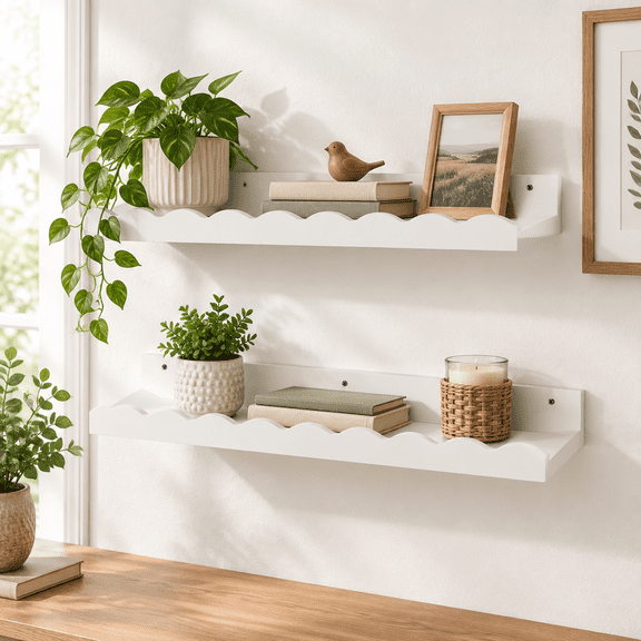 2 Scalloped Floating Wall Shelves 23" White