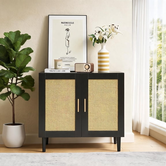 2-Seat 27.91 Inch Storage Bench Cabinet, Storage-Focused Jet Black with Natural Rattan for Multiple Indoor Rooms