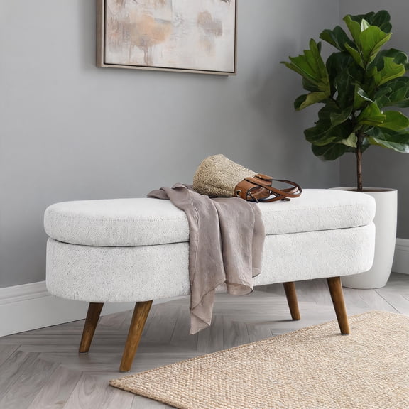 2-Seat 43.5-Inch Modern Contemporary Oval Storage Bench Flip Top Linen Upholstery Rubber Wood Legs Classic White