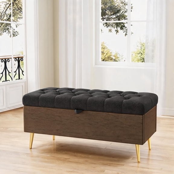 2-Seat 44.7 Inch Modern Tufted Flip Top Storage Bench, Boucle Upholstered Classic Gray for Indoor Use