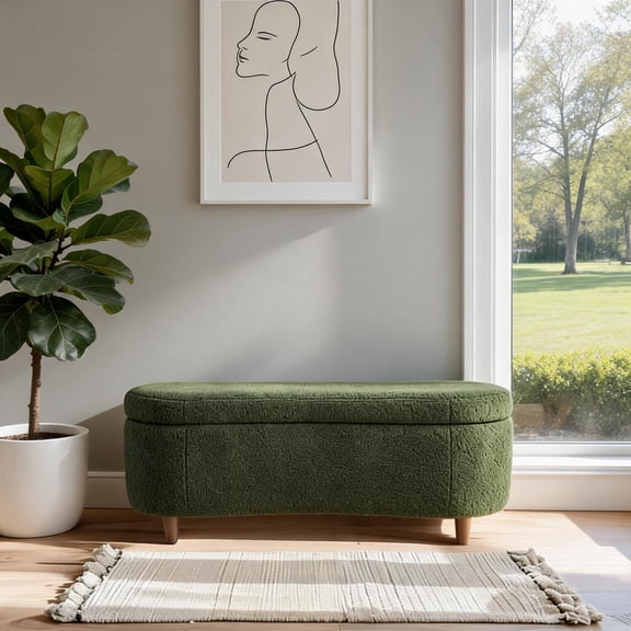 2-Seat 48 Inch Upholstered Flip Top Storage Bench Contemporary Solid Wood Classic Green
