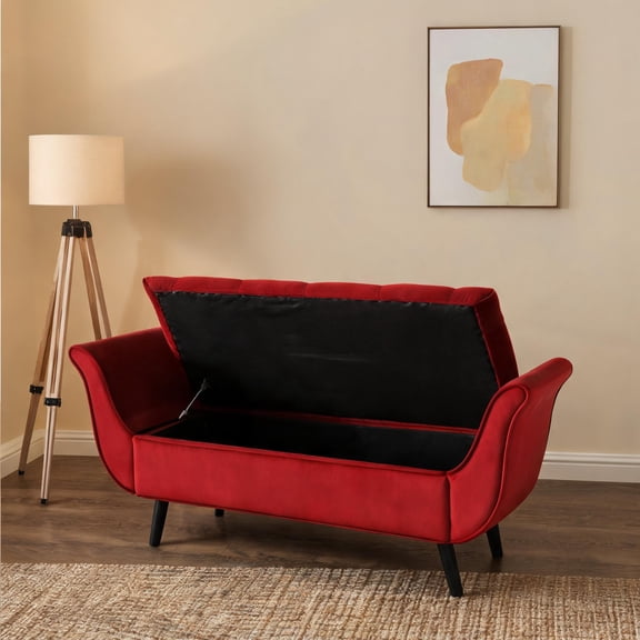 2-Seat 65-Inch Tufted Upholstered Storage Bench, Mid-Century Modern Velvet in Rich Red