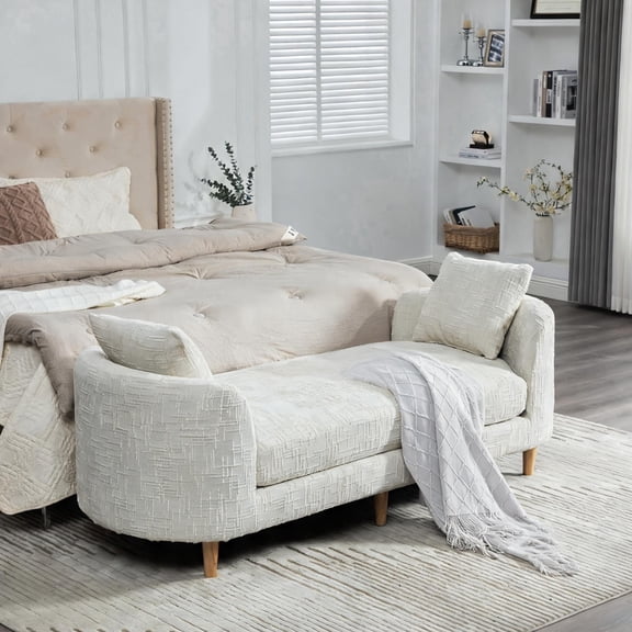 2-Seat 77-inch Wide Luxury Upholstered Chaise Lounge Bench with Armrests, Linen Beige Chenille
