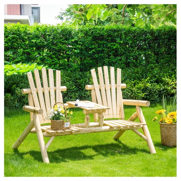 2-Seat Adirondack Bench with Table - Outdoor Loveseat for Patio, Backyard, Deck - Natural Fir Wood Fire Pit Chair - Porch Seating for Two