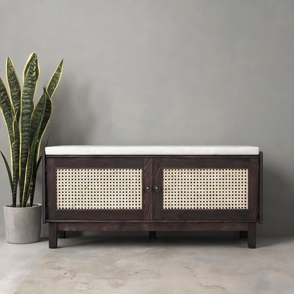 2-Seat Boho Rattan Storage Entryway Bench, Warm Brown Pine and MDF Construction for Hallway
