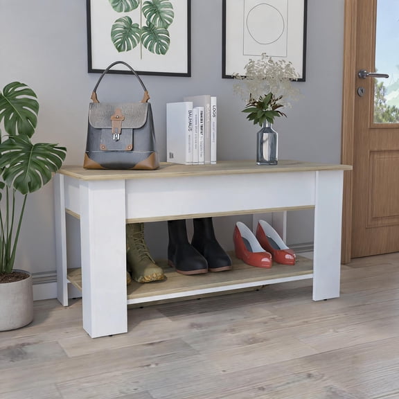 2-Seat Contemporary Backless Storage Bench, Particle Board Construction with Flip Top and Open Lower Storage