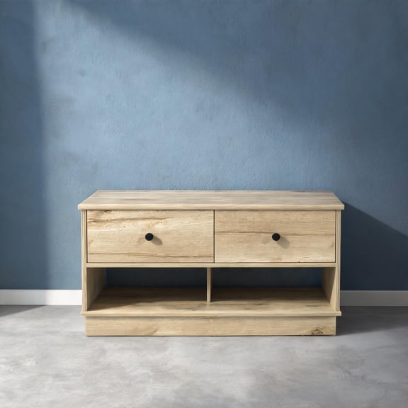 2-Seat Contemporary Transitional Storage Bench with 2 Drawers 2 Shelves, Light Oak Particle Board