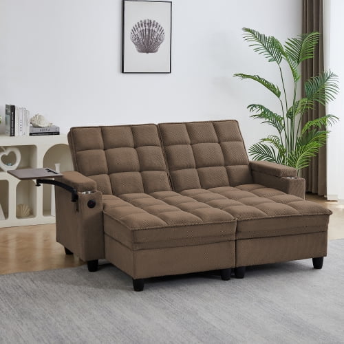 2-Seat Convertible Sleeper Sofa Bed with 6-Position Adjustable Backrest, USB Charging Ports, Cup Holders and Swivel Side Table, Storage Armrests, Coffee