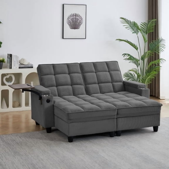 2-Seat Convertible Sleeper Sofa Bed with 6-Position Adjustable Backrest, USB Charging Ports, Cup Holders and Swivel Side Table, Storage Armrests, Dark Gray