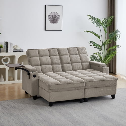 2-Seat Convertible Sleeper Sofa Bed with 6-Position Adjustable Backrest, USB Charging Ports, Cup Holders and Swivel Side Table, Storage Armrests, Khaki