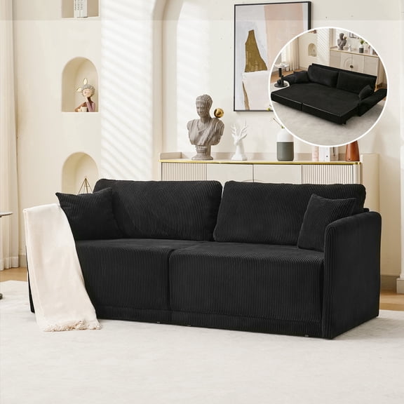 Wansaly 79.53'' Fold Flat Corduroy Sofa Bed, Foldable Adjustable Armrest, 2 Seater Sleeper Couch with Matching Pillows & Blanket for Apartment, Black
