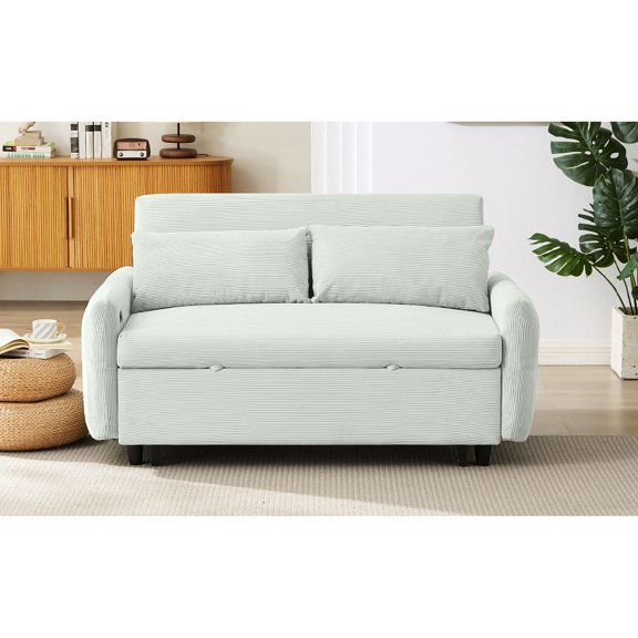 Light Grey-Green Corduroy Sleeper Sofa with High Weight Capacity and USB Ports - Durable for Daily Use
