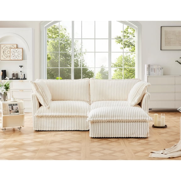 2 Seat Cream Corduroy Sectional | Convertible Ottoman for Added Flexibility | Breathable and Soft - Touch Fabric