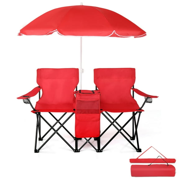 2-Seat Folding Chair with Removable Sun Umbrella, Portable Camping Chair with Storage Pocket and Cup Holders, Outdoor Beach Chair for Beach, Patio, Park, Red