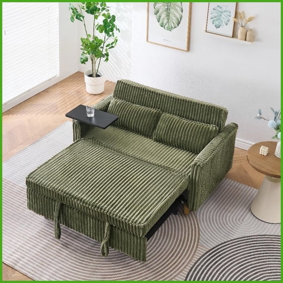 Green Corduroy 2-Seat Sofa Bed with Movable Tabletop & USB Ports for Living Room Bedroom