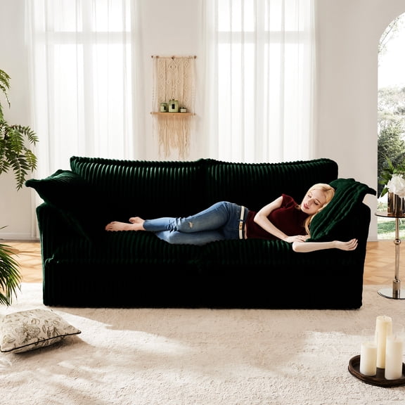 2-Seat Green Corduroy Sofa with High Back Pillows | Ideal for Small Spaces, Ensures Comfortable Seating