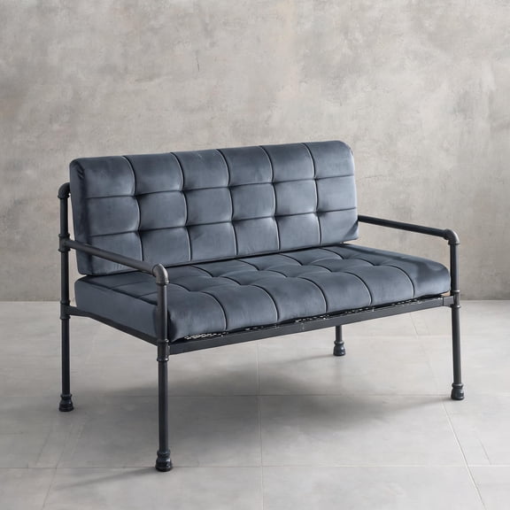 2-Seat Industrial Water Pipe Loveseat with Memory Foam Cushions in Classic Gray Velvet