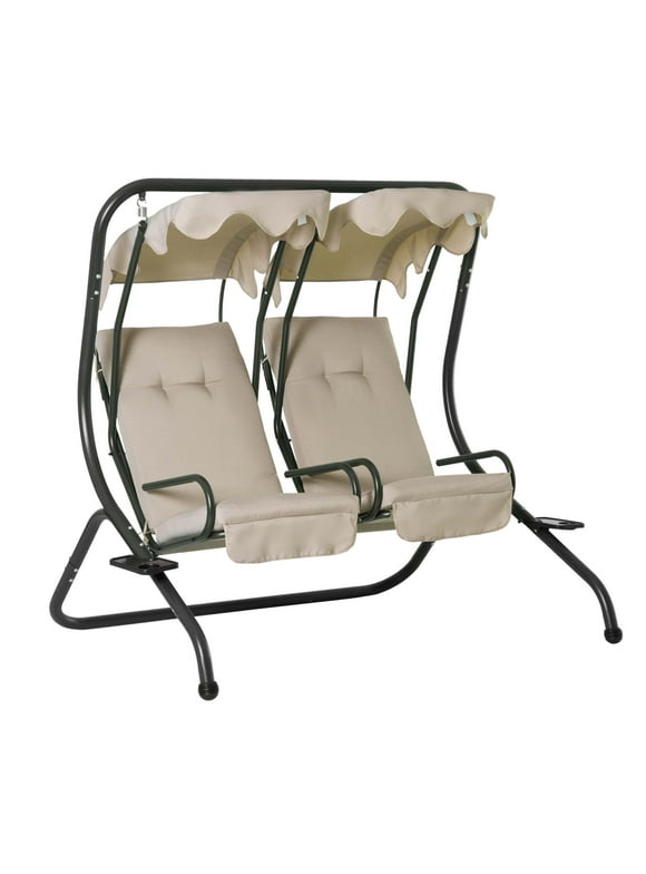 2 Seat Modern Outdoor Swing Chairs With Handrails and Removable Canopy - Beige