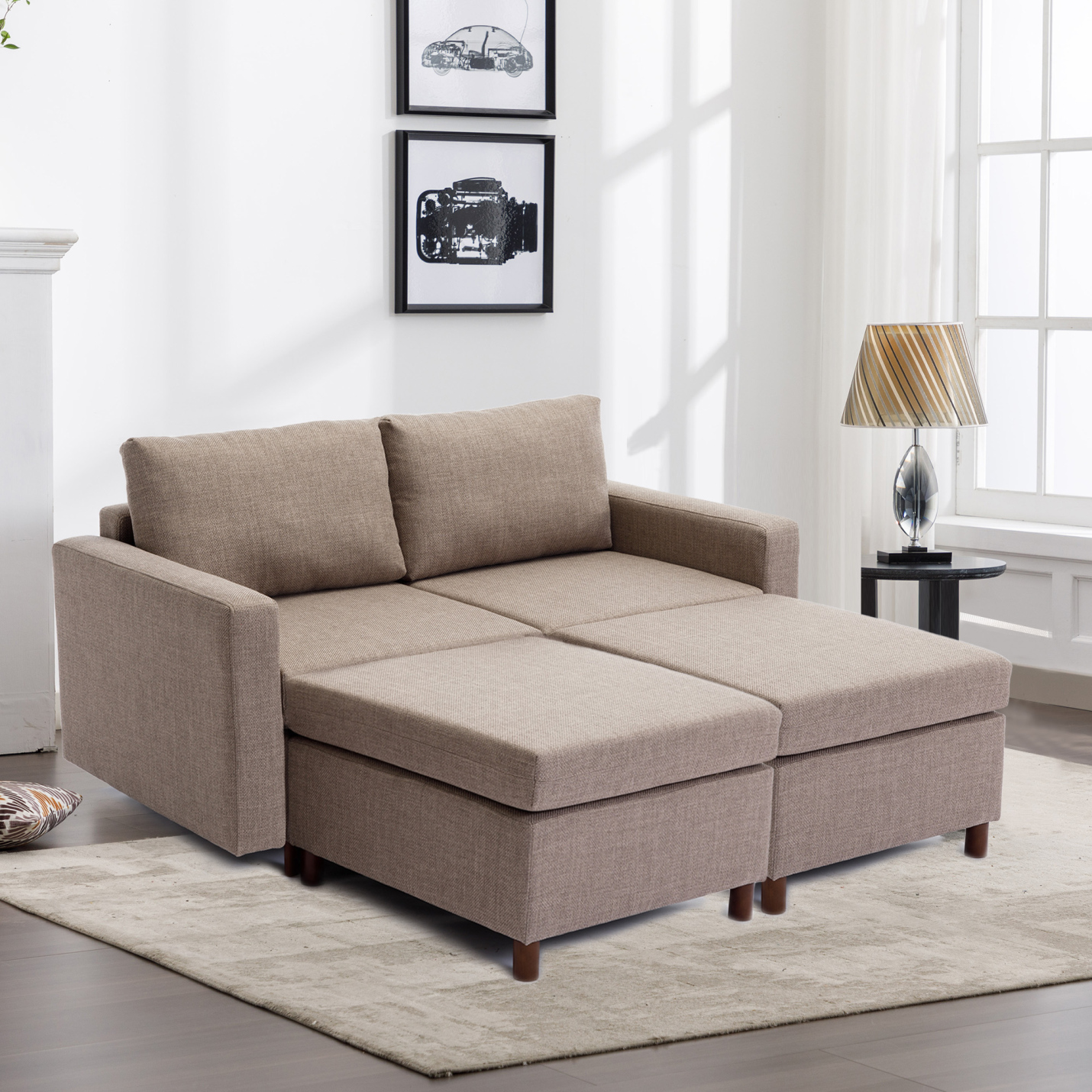 2 Seat Modular Sectional Sofa, Sofas with 2 Ottoman, Sectional Sofa