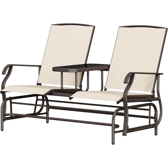 2-Seat Outdoor Glider with Center Table, Patio Rocking Loveseat with Breathable Mesh and Sturdy Metal Frame, Beige