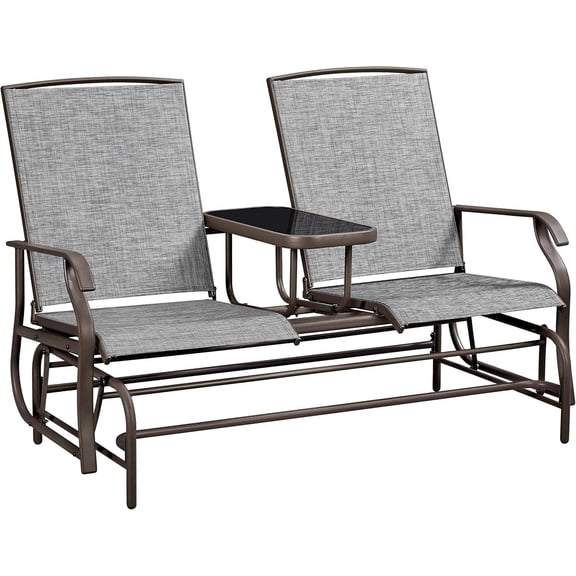 2-Seat Outdoor Glider with Center Table, Patio Rocking Loveseat with Breathable Mesh and Sturdy Metal Frame, Gray
