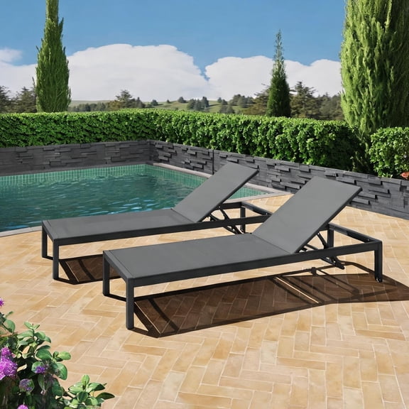 2-Seat Outdoor Patio Chaise Lounge Set, Black and Cool Gray, Adjustable Mesh Aluminum Reclining Loungers
